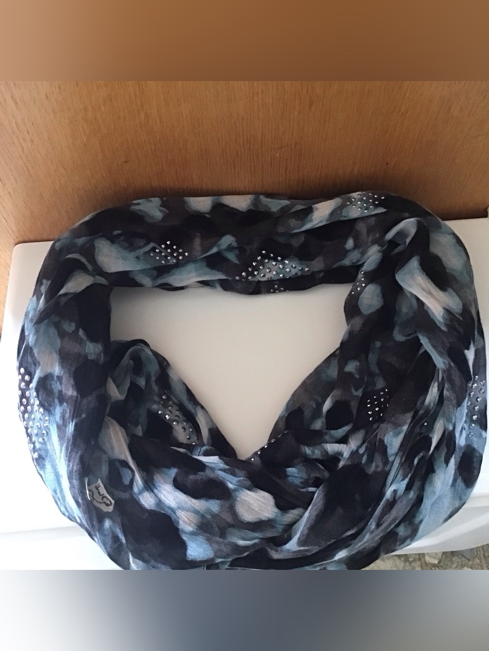 Simply Vera Vera Wang Dark Blue Infinity Camouflage Rhinestone Scarf FLAWS Wrap
